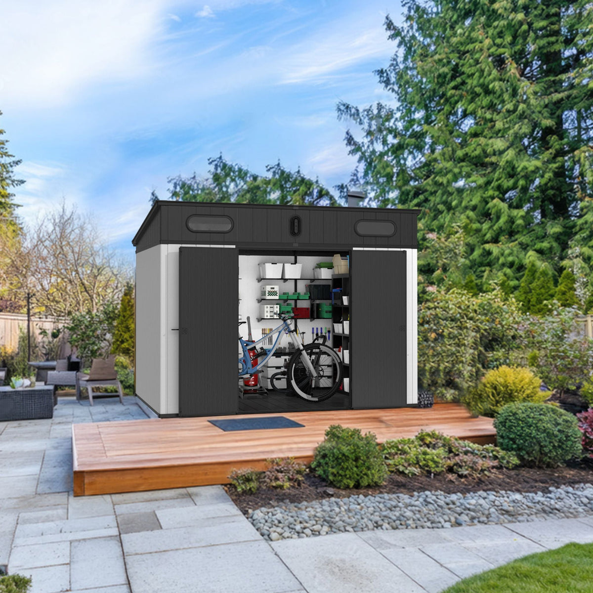 [07X10FT] Alora Heavy-Duty Weather-Resistant Polypropylene Storage Shed With Floor And Reinforced Steel Frame (SAK67455)