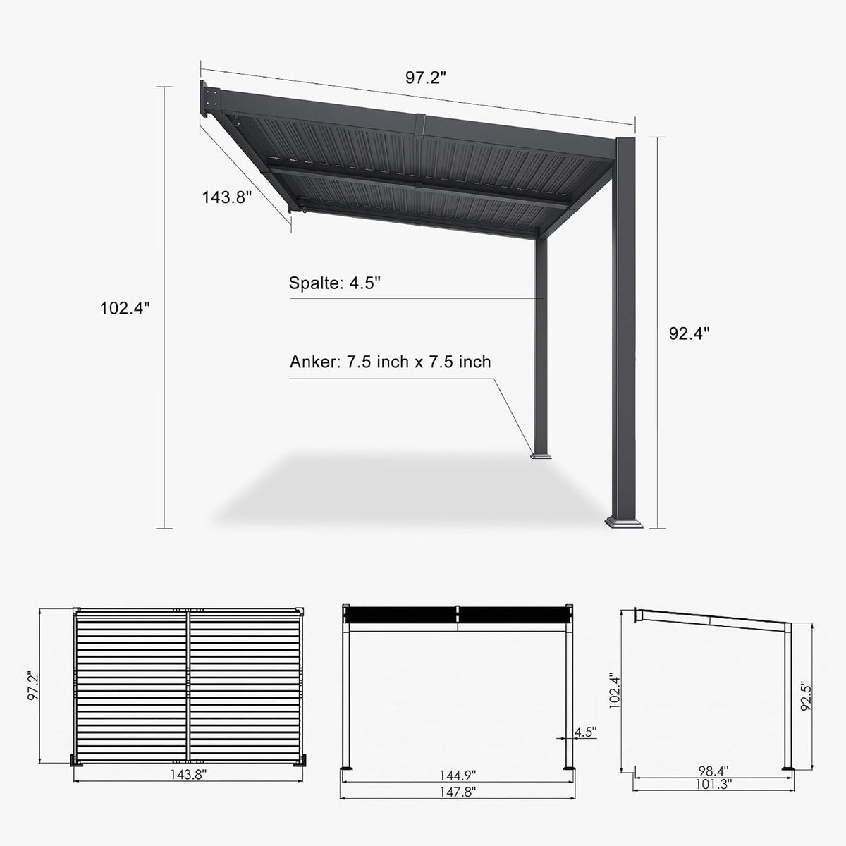 [08X12FT] Alora Modern Wall-Mounted Louvered Pergola With Aluminum Frame (SAK25902)