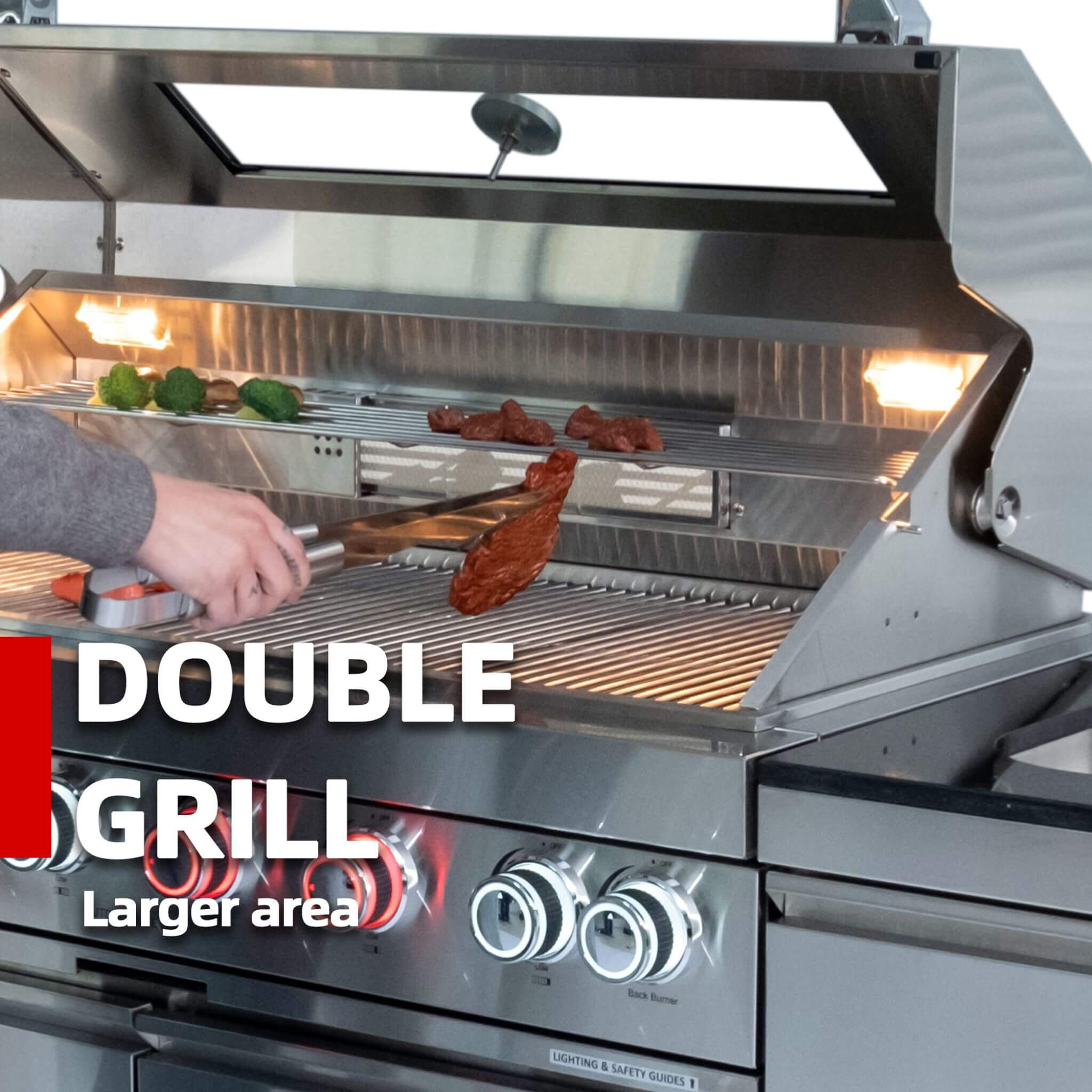 Castelle Flame Blaze 108-Inch 6-Burner 85K BTU Deluxe Stainless Steel Liquid Propane Outdoor Kitchen Grill Island With Wine Cooler, Rotisserie, Cabinets, And Granite Countertops (SAK58310)