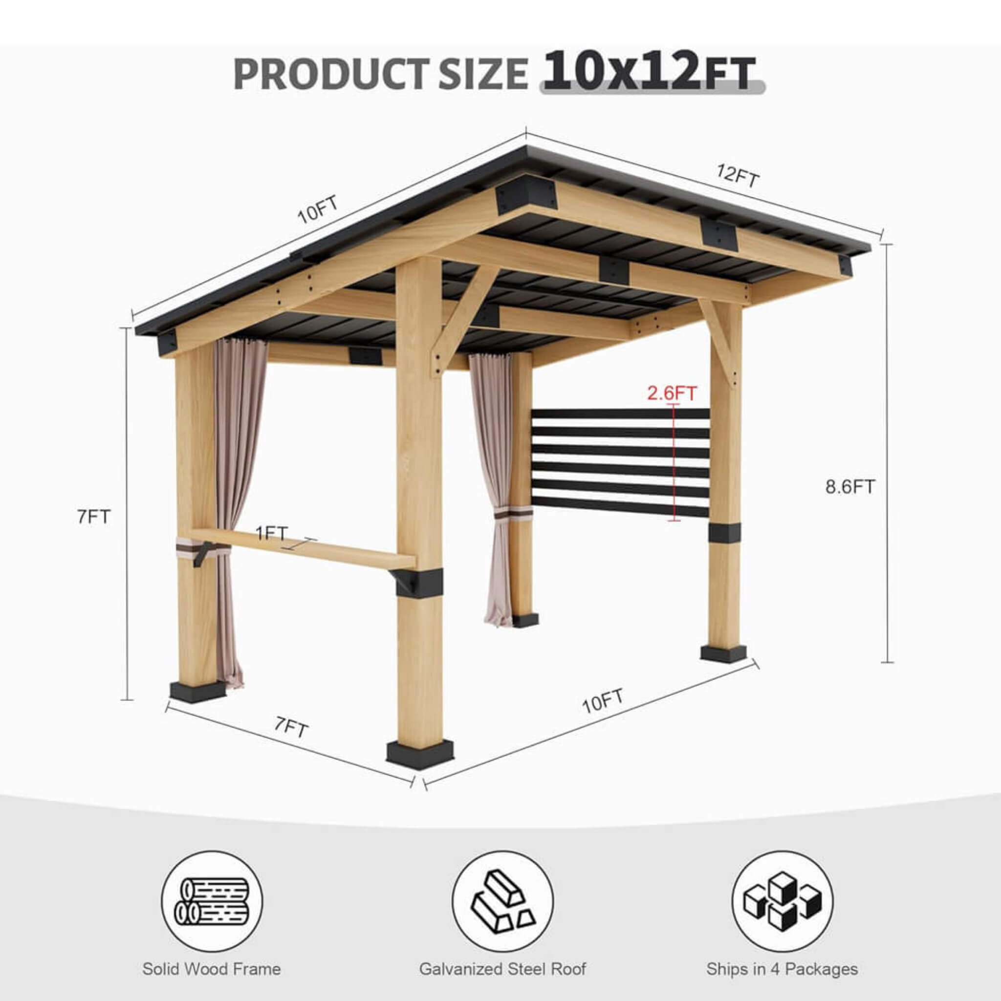 [10X12FT] Alora Heavy-Duty Premium Outdoor All-Season Wooden Cedar Hardtop Gazebo With Metal Roof & Back Curtains (SAK57184)