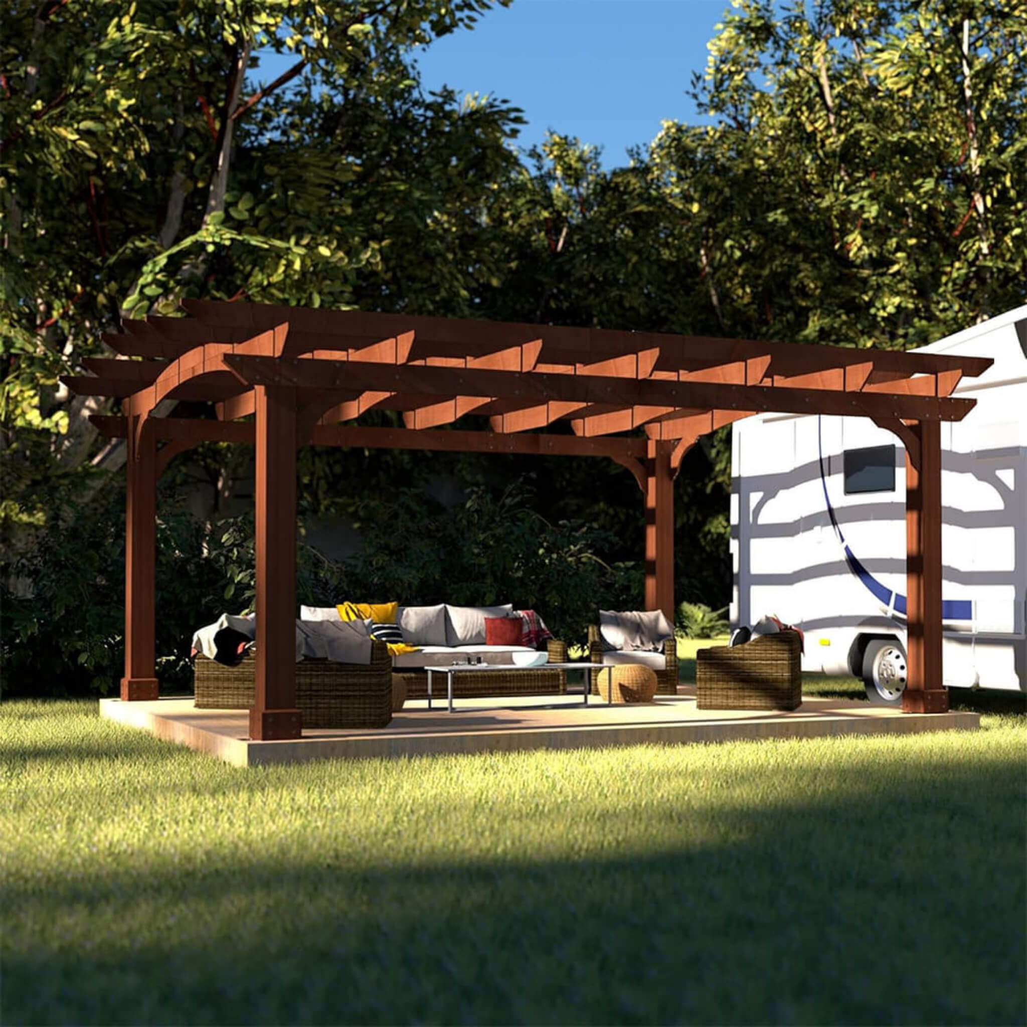 [12X14FT] Alora Luxury Outdoor All-Season Backyard Cedar Wood Gazebo Pergola With Arched Roof And Stakes For Patios (SAK68194)