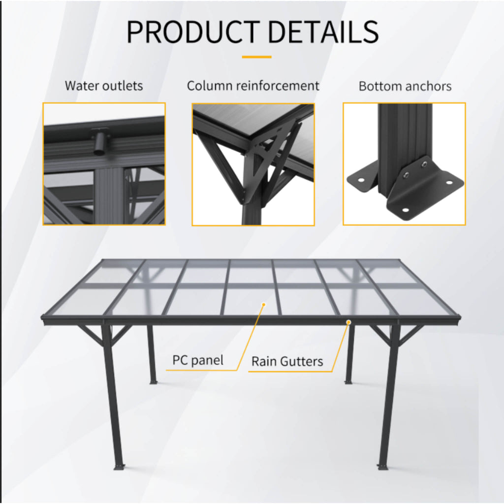 [10X16FT] Alora Heavy-Duty Outdoor Driveway Pergola With Aluminum Alloy Frame And Polycarbonate Panels (SAK47395)