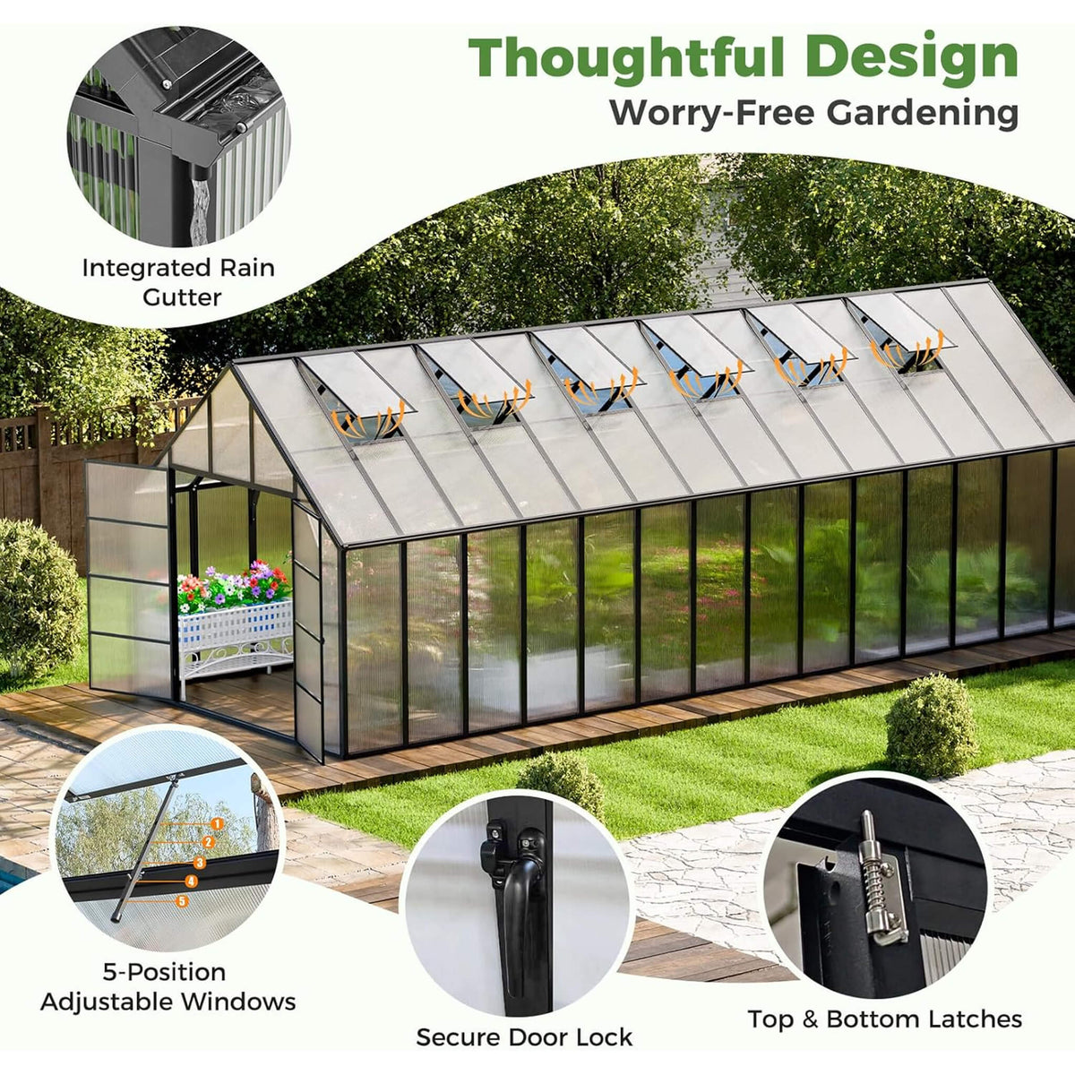 [10X28FT] Heavy-Duty Outdoor Aluminum Polycarbonate Greenhouse With Roof Vents And Swing Doors, 4MM (SAK24618)