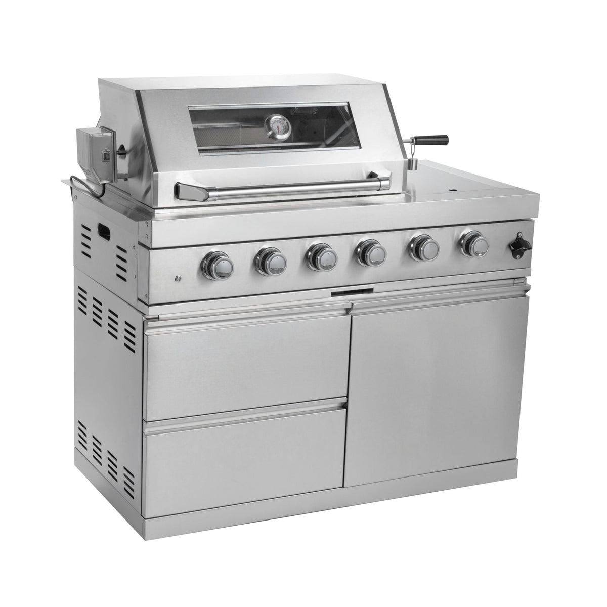 Castelle Flame Imperial 110-Inch 4-Burner 72K BTU Deluxe Stainless Steel Outdoor Kitchen Grill Island With Wine Cooler, Rotisserie, Cabinets, And Granite Countertops (SAK94721)