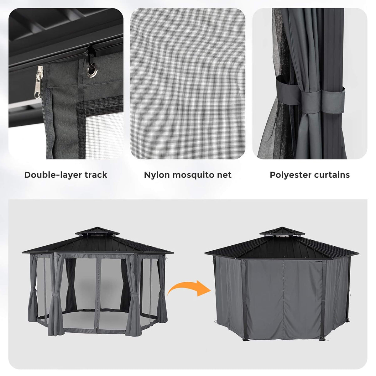 [13X15FT] Alora Hardtop Hexagonal Gazebo With Curtains And Netting [No Furniture] (SAK60713)