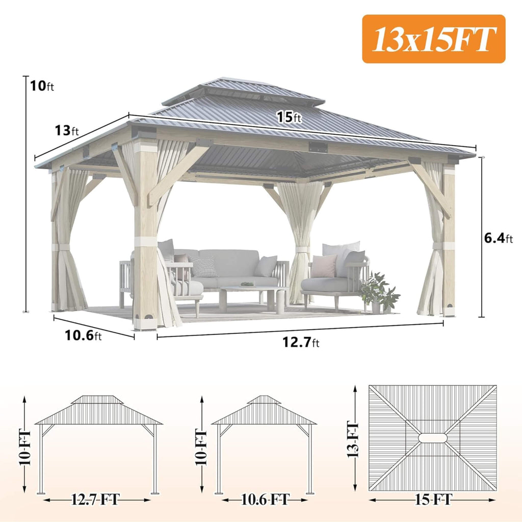 [13X15FT] Alora Outdoor Wooden Double-Top Gazebo With Curtains (SAK60781)