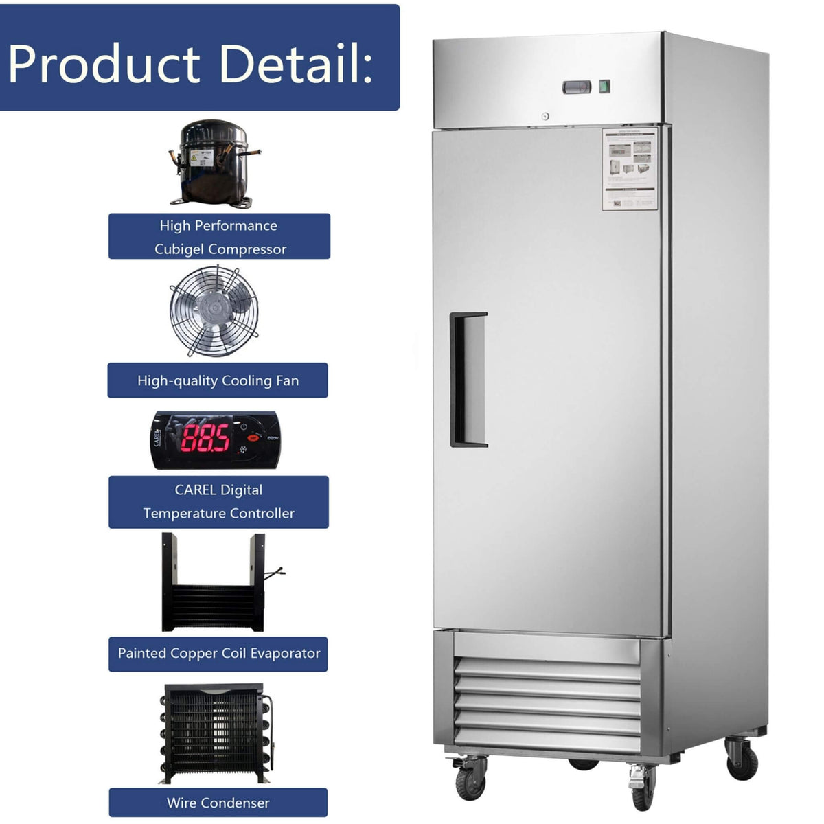 Heavy-Duty 27-Inch 8.7 Cu.Ft Commercial Upright Stainless Steel Reach-In Freezer (SAK43815)
