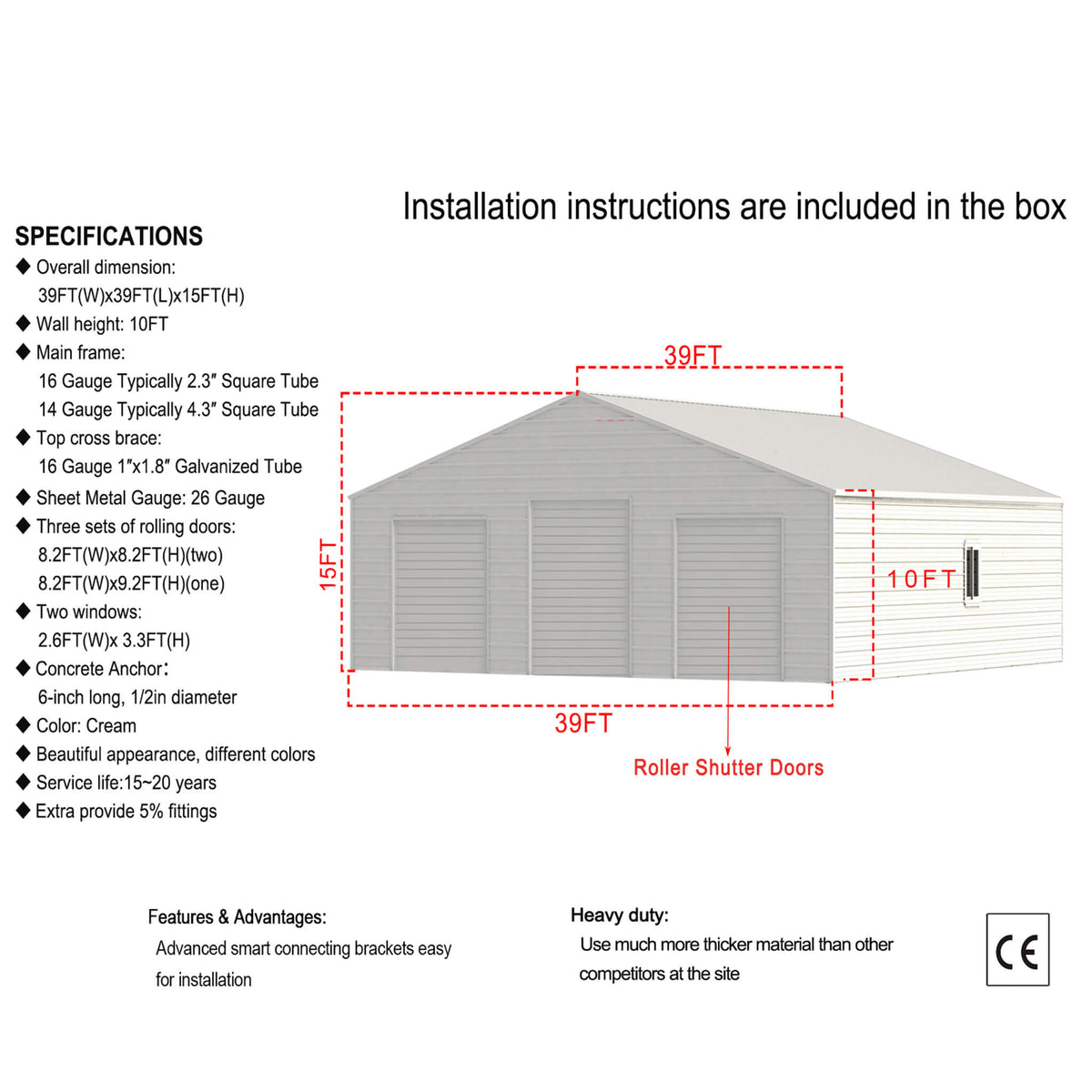 [39X39FT] Extra-Large Heavy-Duty Galvanized Steel Barn Building Shed With 3 Rolling Door Garages (SAK10234)
