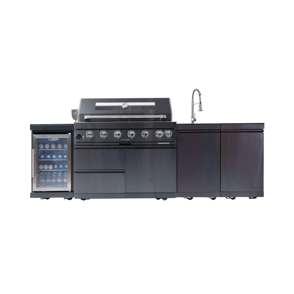 Castelle Flame Belmont 43-Inch 6-Burner 85K BTU Stainless Steel Outdoor BBQ Kitchen Grill Island With Wine Cooler, Rotisserie, And Sink (SAK19476)