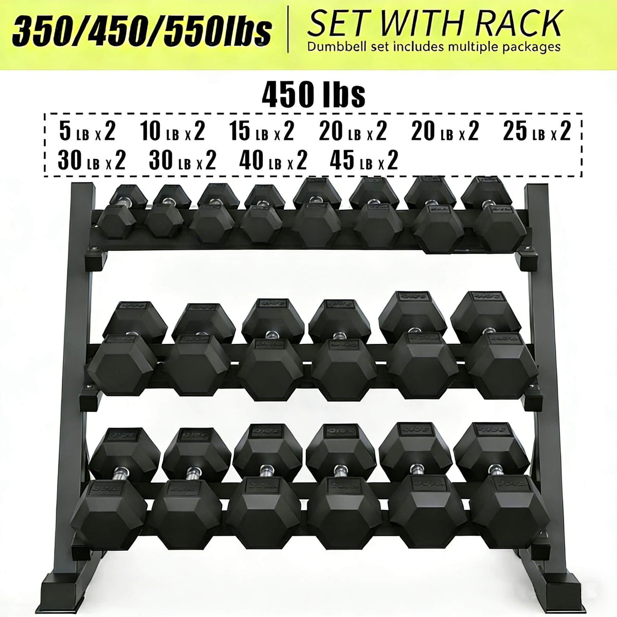 Rovix 450-Pounds Rubber Hex Dumbbell Set With Rack (SAK90714)