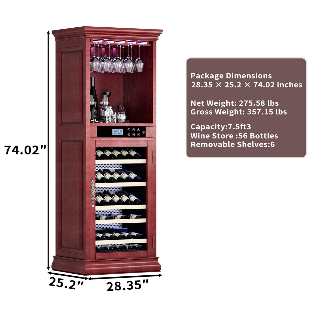 Nuvia 56-Bottle 7.5 Cu.Ft Single-Zone Multi-Tiered Wooden Wine Cooler Cabinet With Humidity And Temperature Controls (SAK73195)