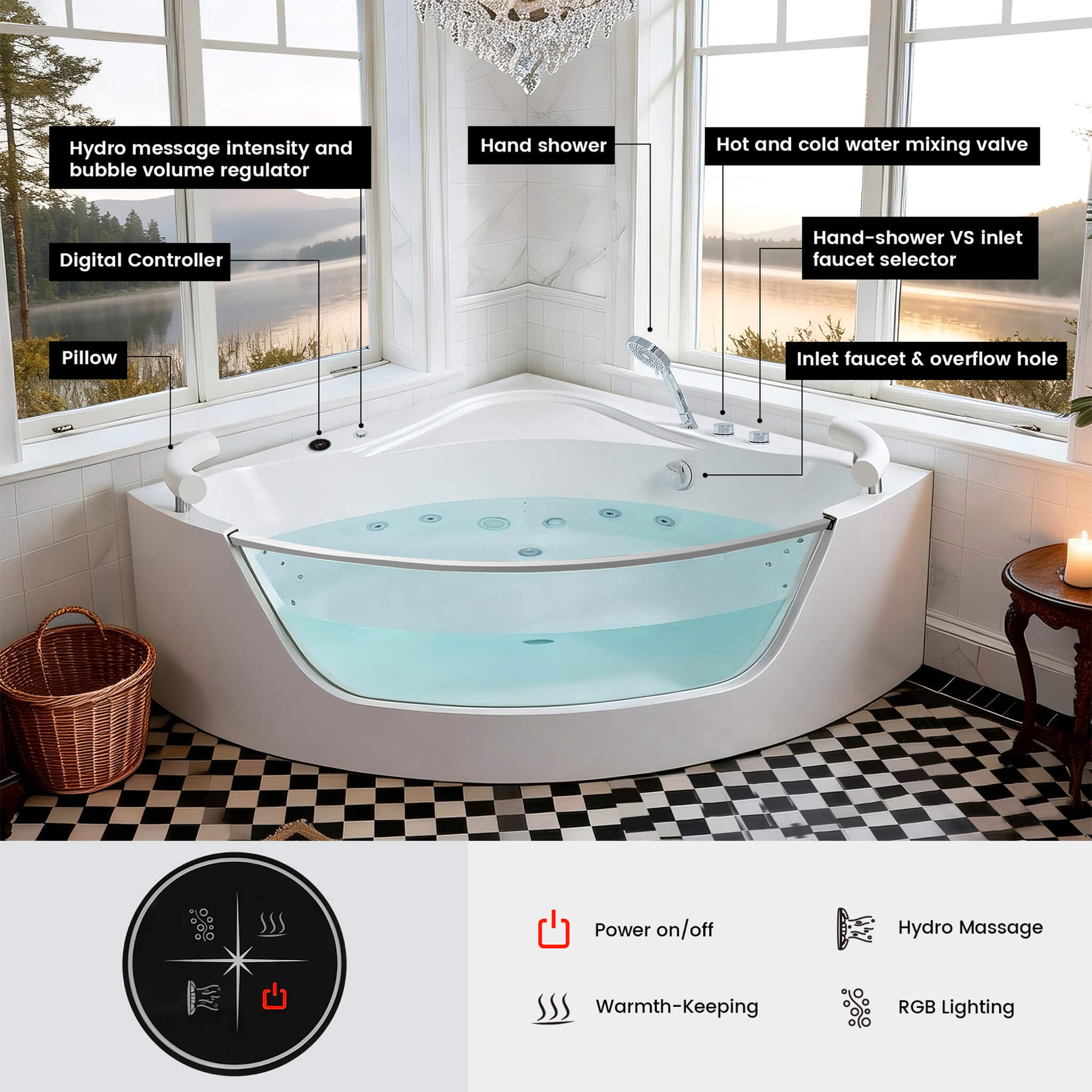 Nuvia Serenity 59-Inch 2-Person Acrylic Corner Whirlpool 16-Jet Hydromassage Bathtub With Heater Rainbow Light (SAK12058)