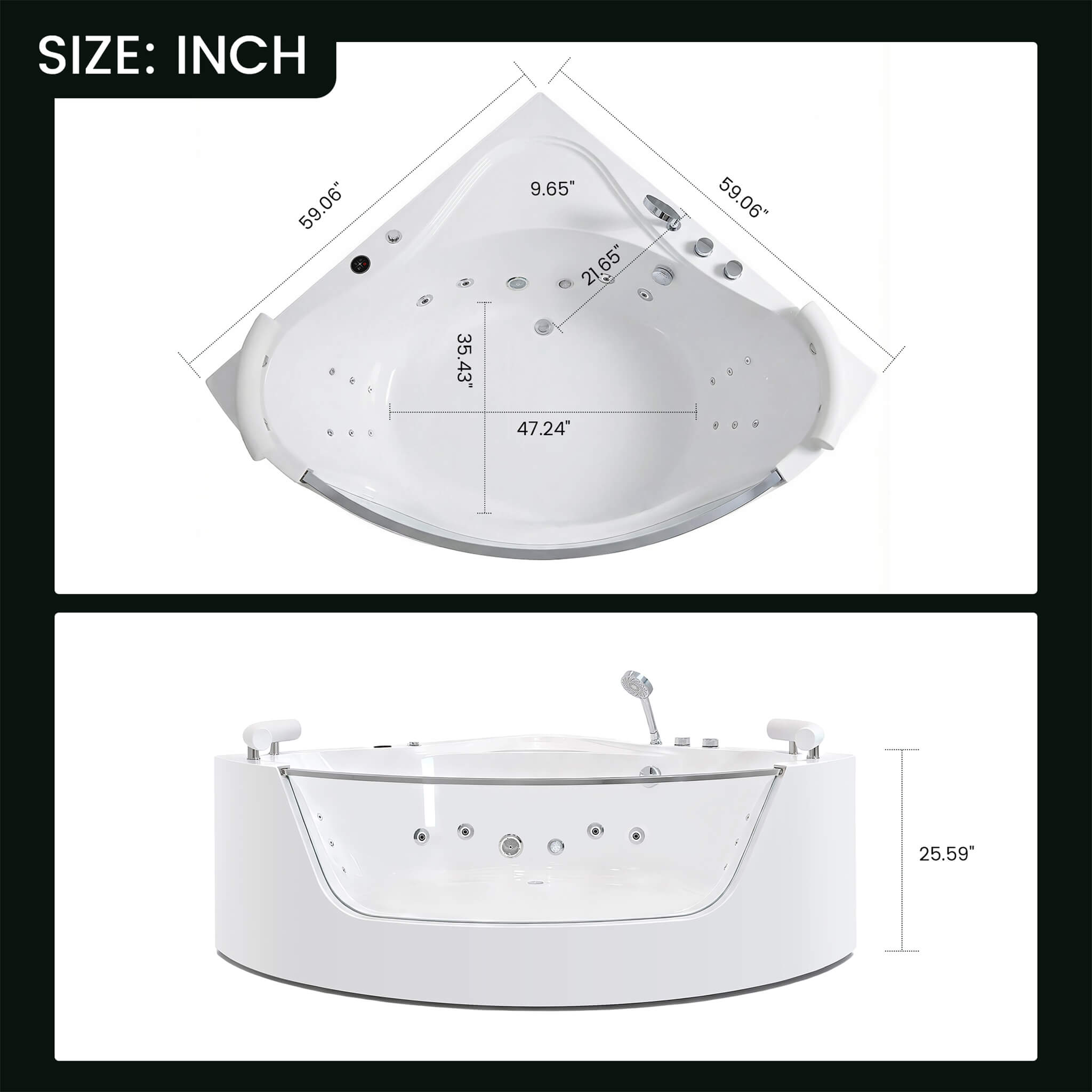 Nuvia Serenity 59-Inch 2-Person Acrylic Corner Whirlpool 16-Jet Hydromassage Bathtub With Heater Rainbow Light (SAK12058)