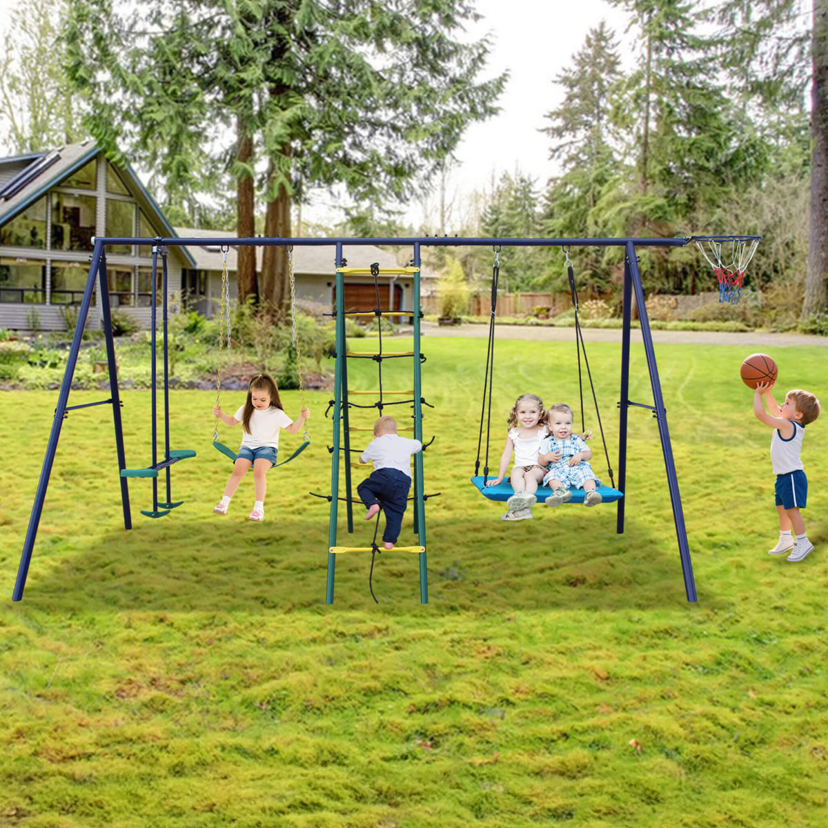 6-In-1 Outdoor Swing Set With Climbing Ladder Net And Basketball Hoop (SAK98152)