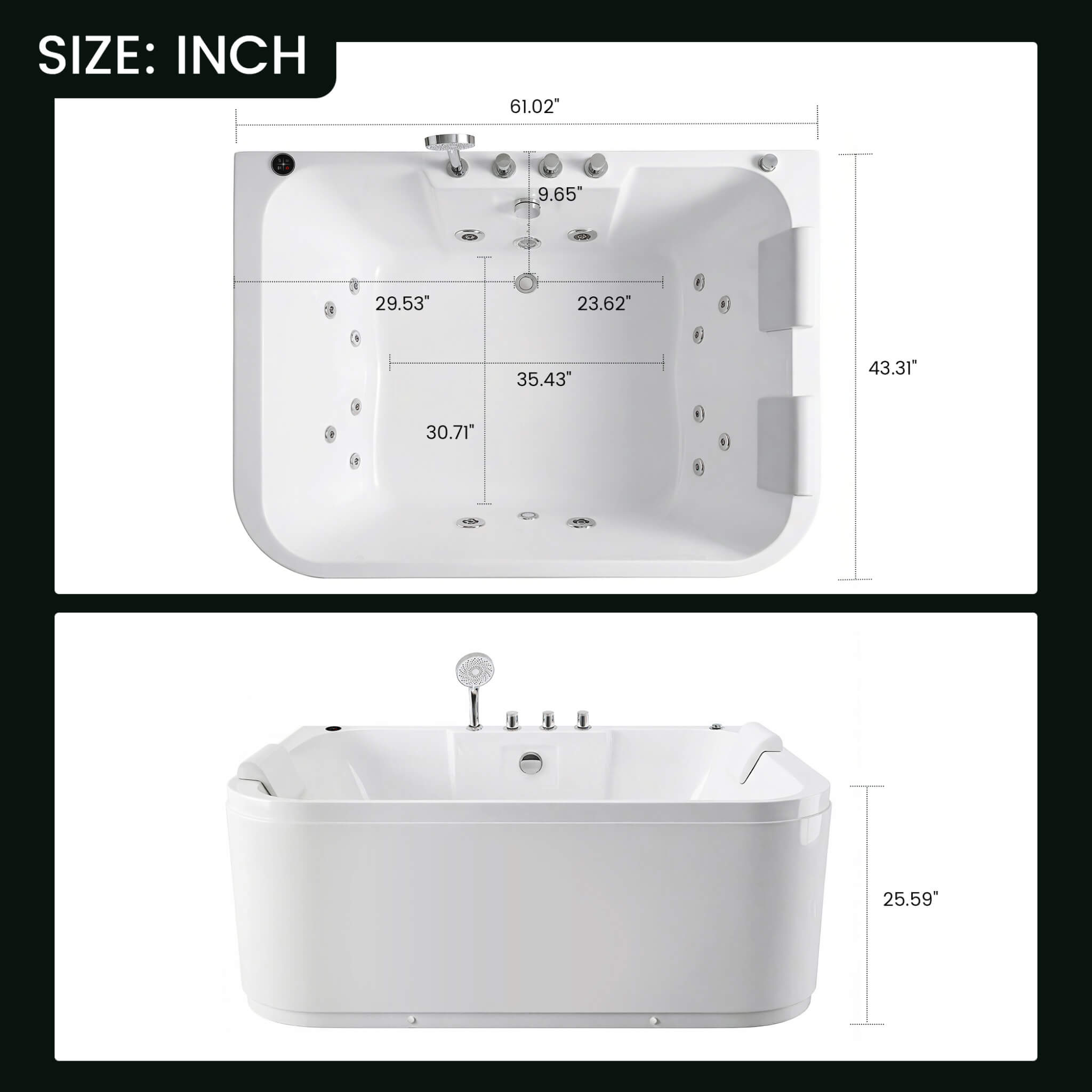 Nuvia Lagoona 61-Inch 2-Person Acrylic Whirlpool Massage Bathtub With 16 Water Jets And LED Lights (SAK15780)