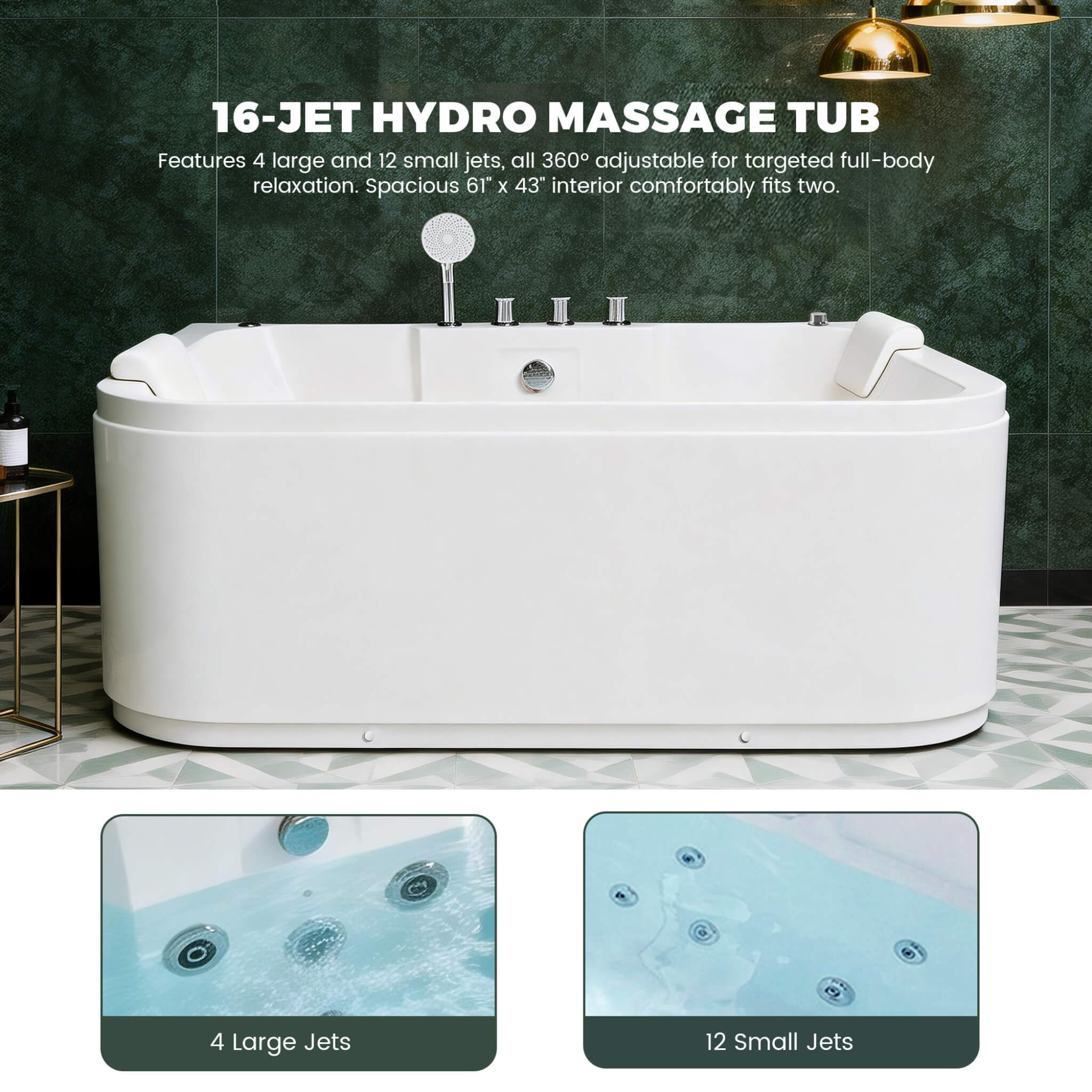 Nuvia Lagoona 61-Inch 2-Person Acrylic Whirlpool Massage Bathtub With 16 Water Jets And LED Lights (SAK15780)