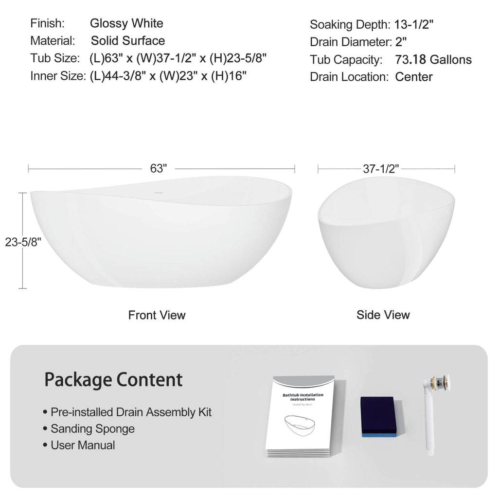 Nuvia 63-Inch Freestanding Glossy White Stone Resin Bathtub With Overflow And Drain (SAK42613)
