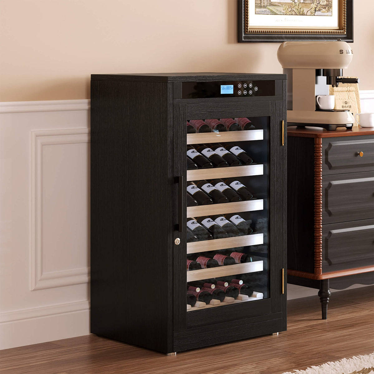 Nuvia 69-Bottle 7.6 Cu.Ft Freestanding Smart Wooden Wine Cooler With LED Touch Display (SAK24861)