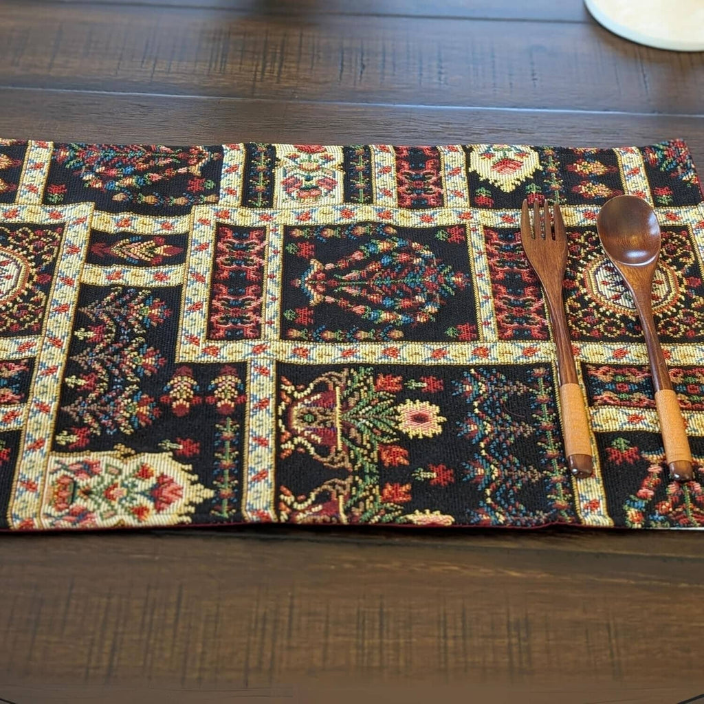 DaDalogy Bedding Set of 4-Pieces Dark Noir Mughal Floral Botanical Vintage Fleur Tapestry Placemats 13” x 19” (18197)