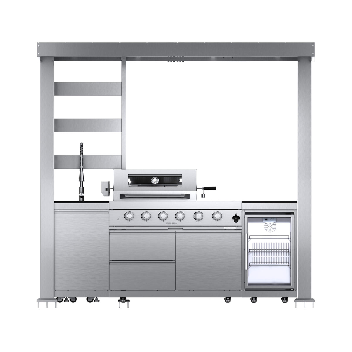 Castelle Flame Amalfi 97-Inch 4-Burner 72K BTU LP Outdoor Kitchen Grill Island With Wine Cooler, Rotisserie, Cabinets, And Granite Countertops (SAK70319)