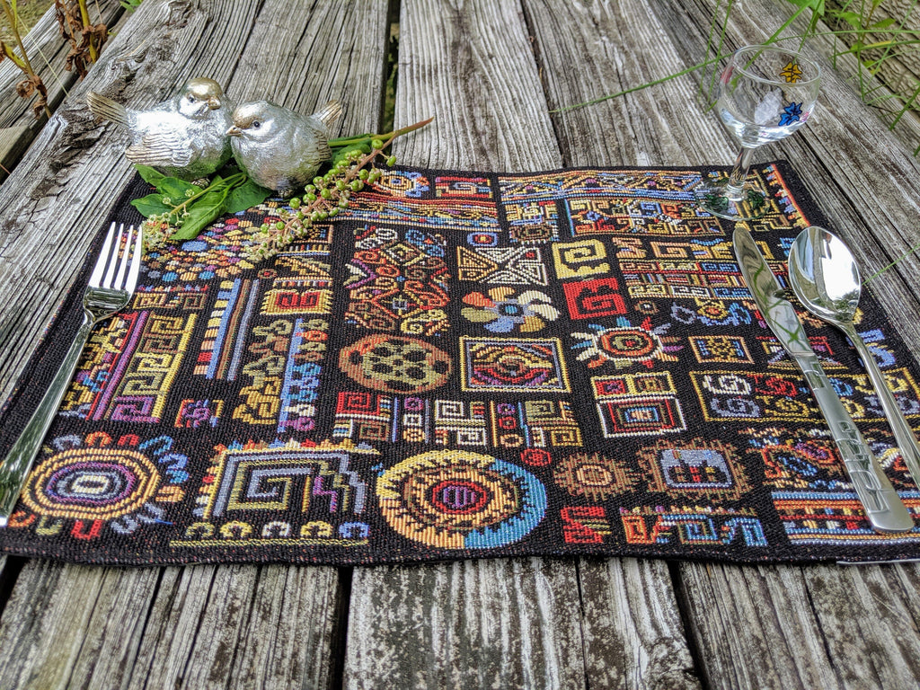 DaDa Bedding Set of 4-Pieces Ethnic Ornaments Geometric Black Tapestry Dining Placemats 13” x 19” (18118)