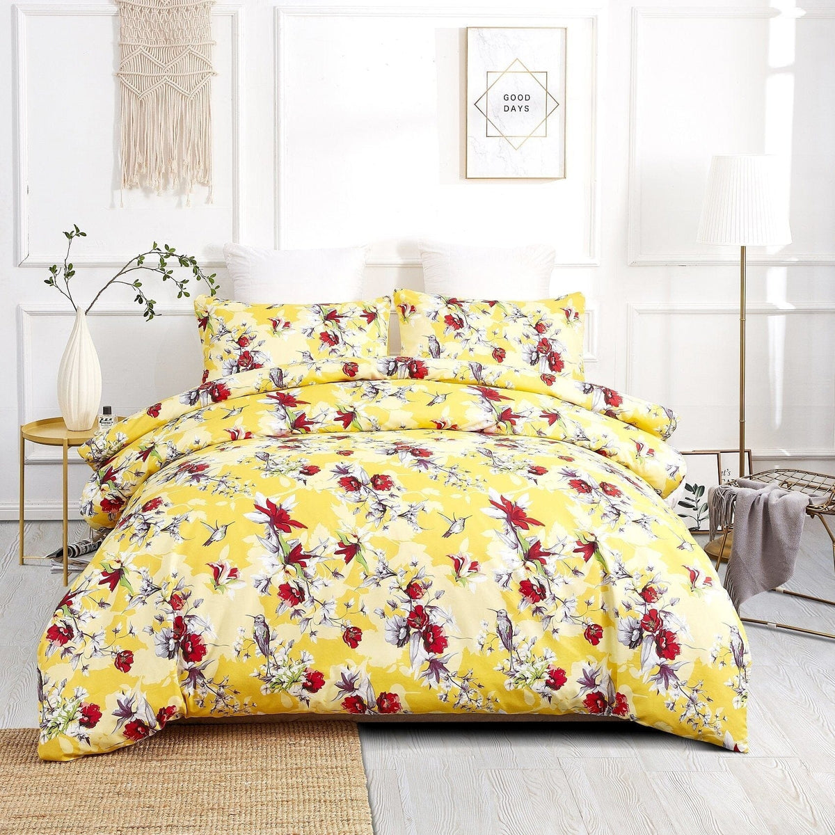 DaDa Bedding Yellow Hummingbird Duvet Cover, Sheets & Valance Set