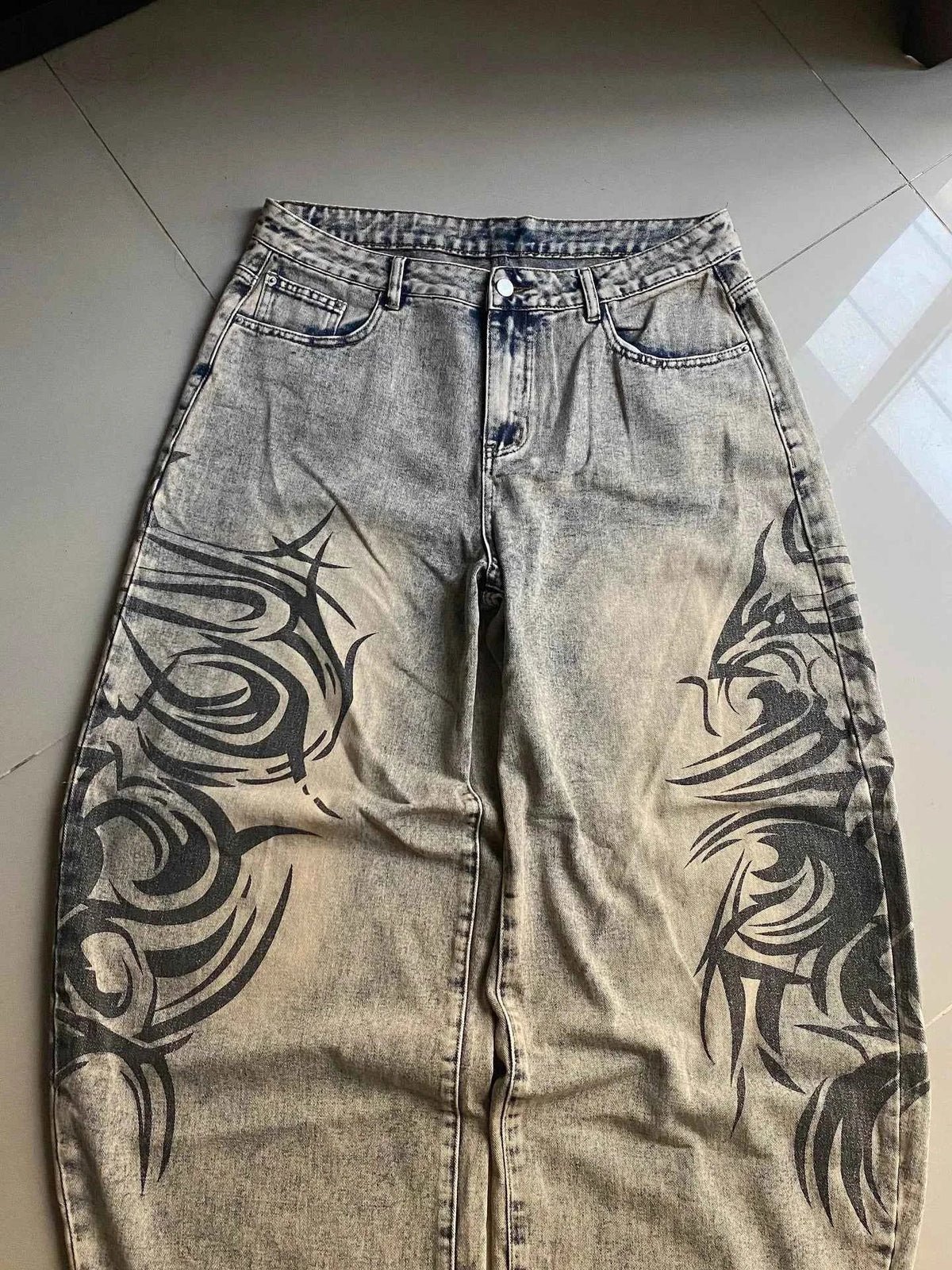 Y2K Grey Baggy Wide-Leg Jeans for Men & Women
