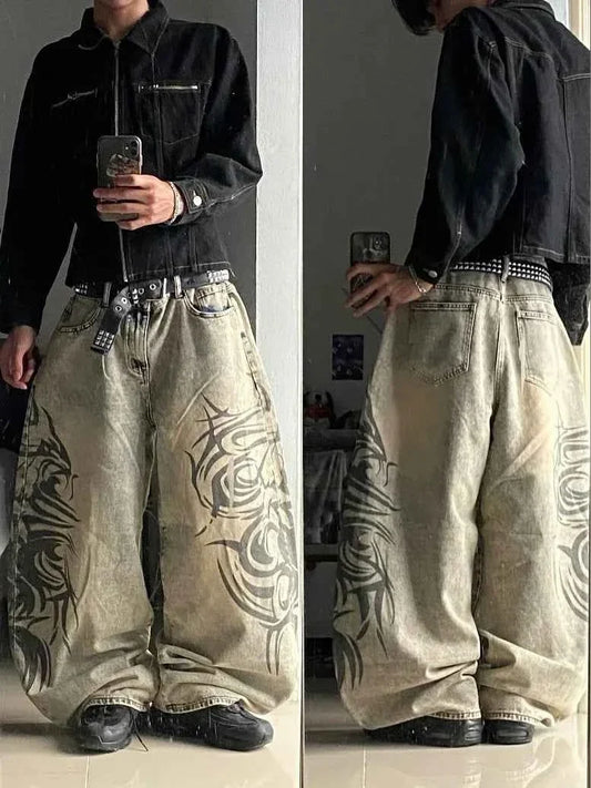 Y2K Grey Baggy Wide-Leg Jeans for Men & Women