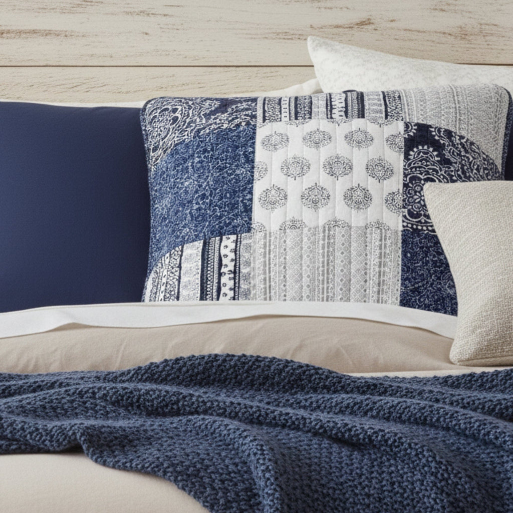DaDa Bedding Patchwork Denim Blue Elegance Bohemian Euro Sham - 26” x 26" - 1PC (JHW660)