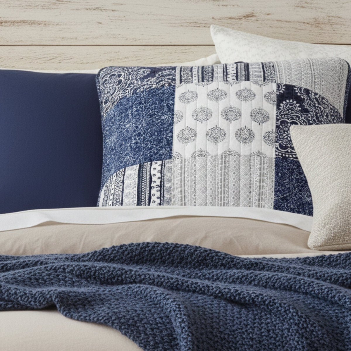 DaDa Bedding Patchwork Denim Blue Elegance Bohemian Euro Sham - 26” x 26" - 1PC (JHW660)