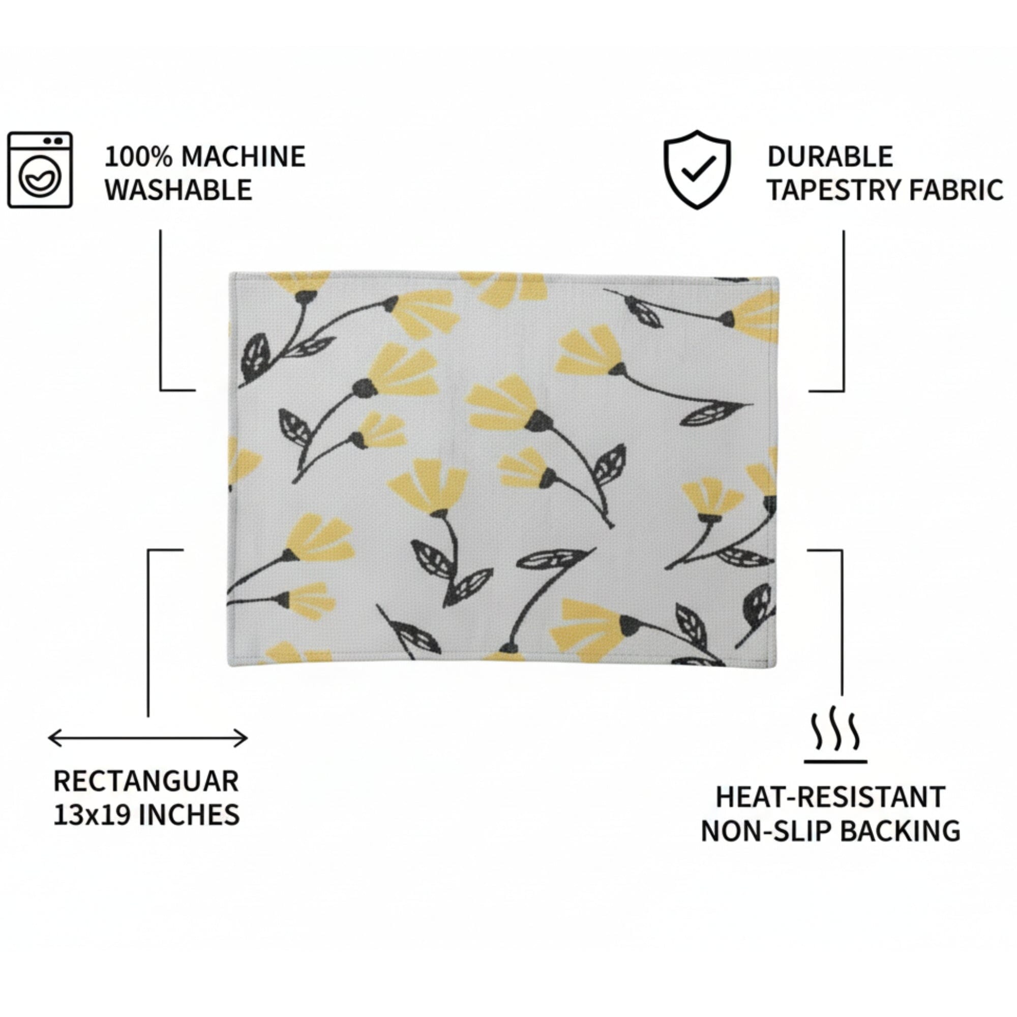 DaDa Bedding Set of 4-Pieces Sunshine Yellow Fleur Spring Tapestry Dining Table Placemats 13” x 19” (18112)