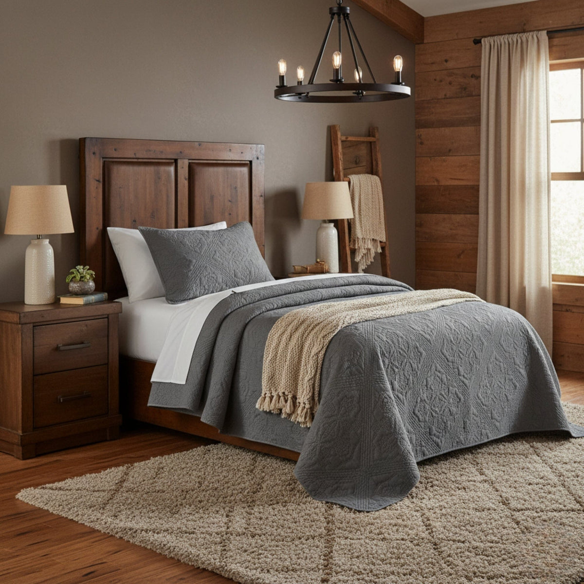 DaDa Bedding Floral Vintage Stone Wash Grey Matelassé Ash Silver Diamond Pattern Quilted Bedspread Set (JHW855)