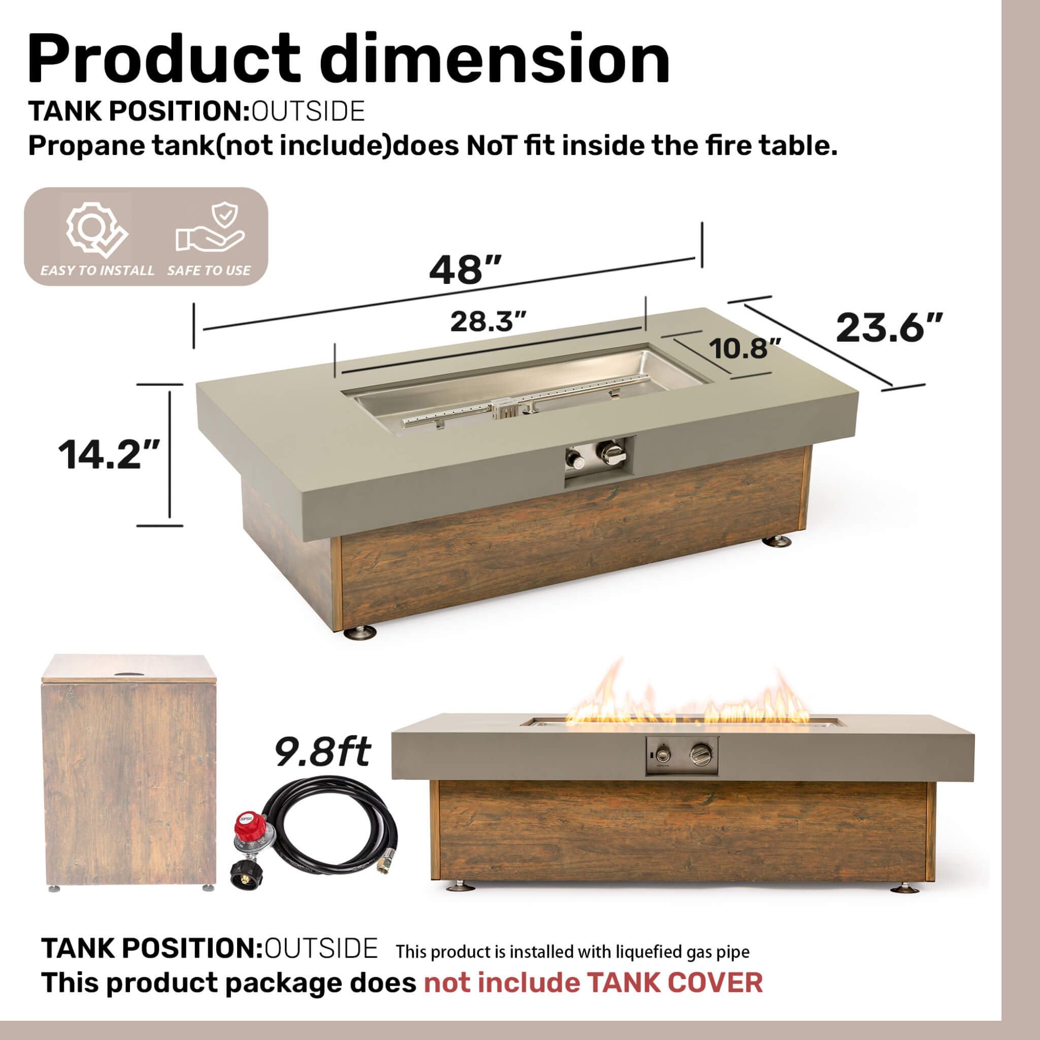 Alora Luxury 48-Inch Outdoor Wood Grain Iron Fire Pit Table With Lava Rocks (SAK37905)