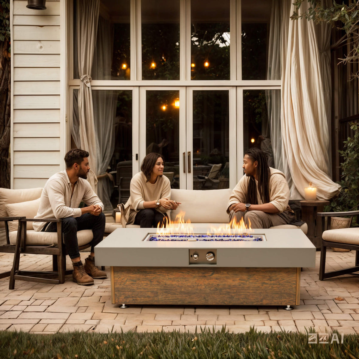 Alora Luxury 48-Inch Outdoor Wood Grain Iron Fire Pit Table With Lava Rocks (SAK37905)