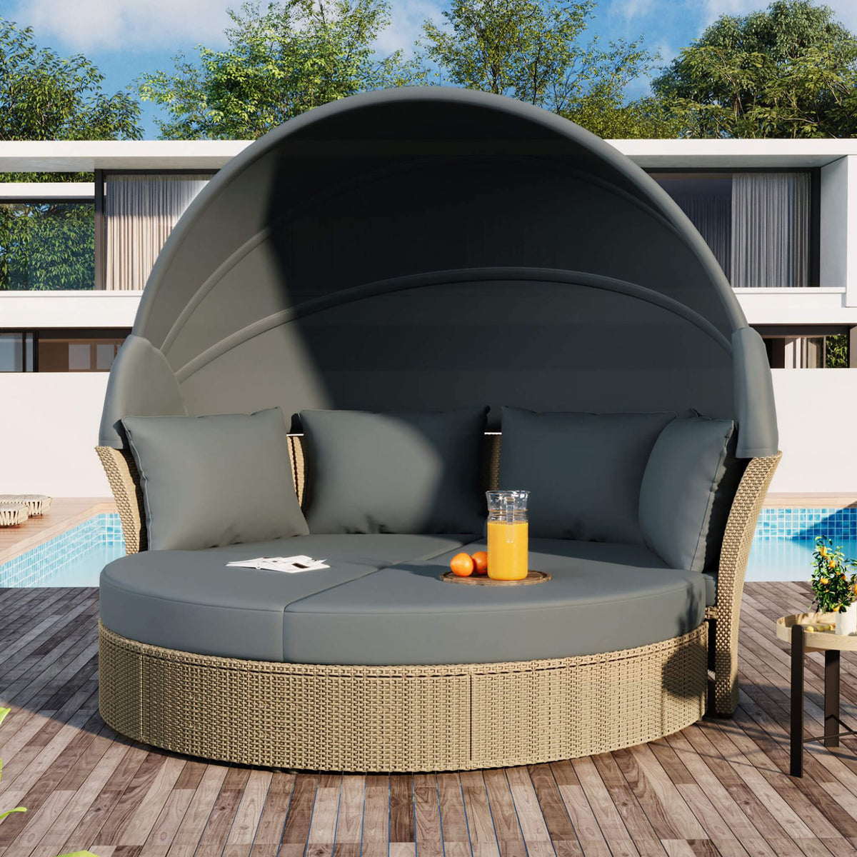 Alora Premium Outdoor Garden Wicker Rattan Patio Daybed With Retractable Canopy (SAK43581)