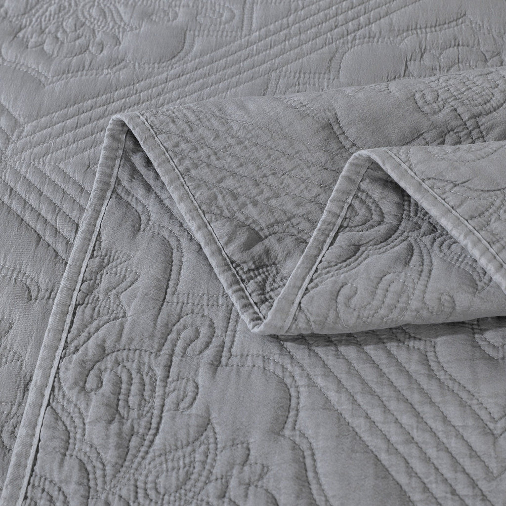 DaDa Bedding Floral Vintage Stone Wash Grey Matelassé Ash Silver Diamond Pattern Quilted Bedspread Set (JHW855)