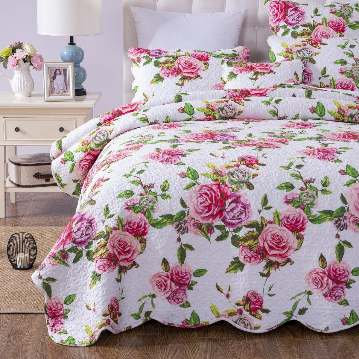 DaDa Bedding Pink Romantic Roses Floral Quilt Set