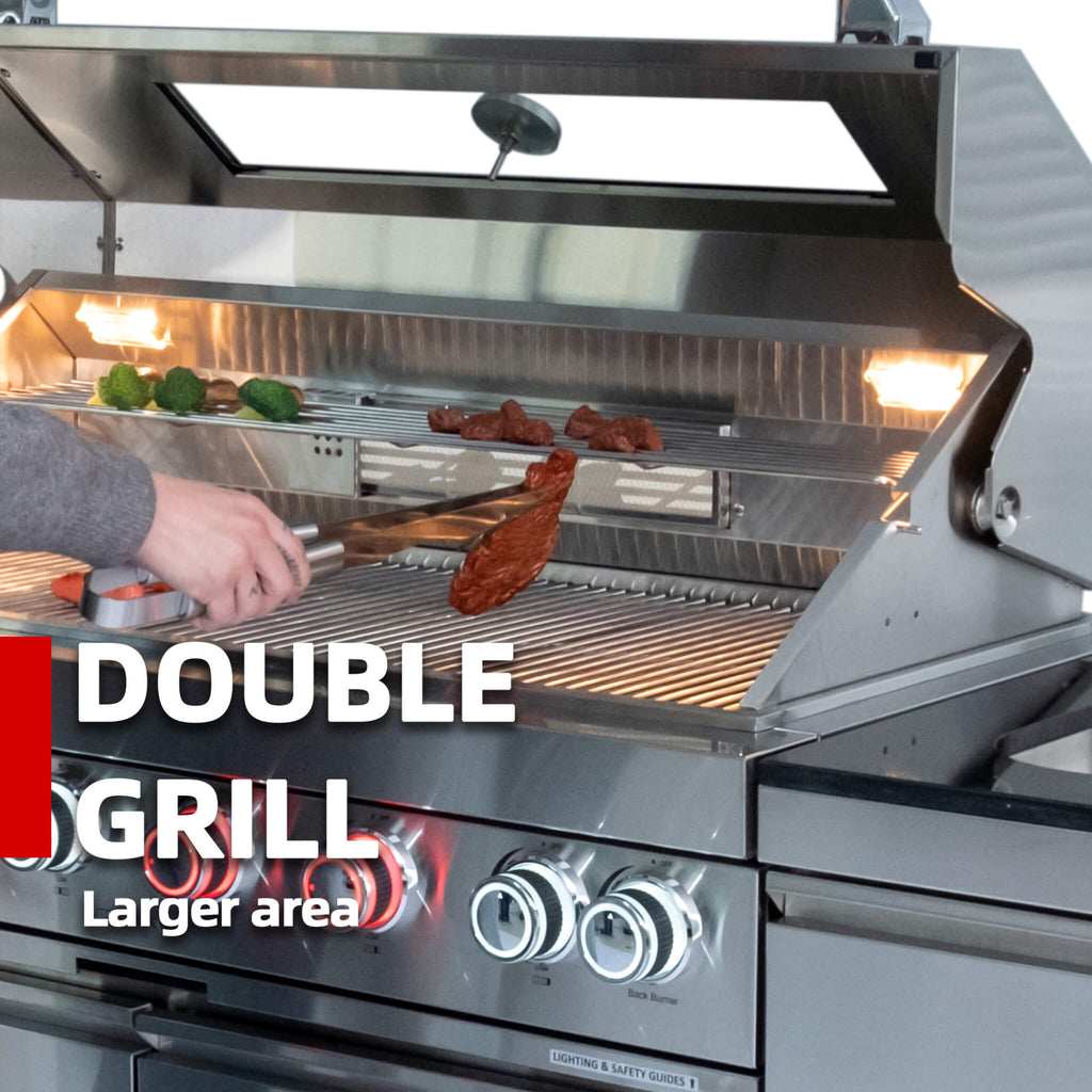 Castelle Flame Valmont 43-Inch 6-Burner 85K BTU Outdoor BBQ Kitchen Grill Island With Granite Countertops, Rotisserie Kit, Cabinets, And Sink (SAK73518)