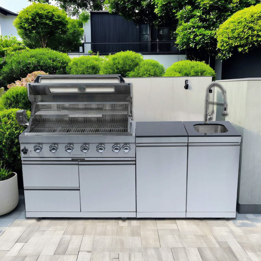 Castelle Flame Valmont 43-Inch 6-Burner 85K BTU Outdoor BBQ Kitchen Grill Island With Granite Countertops, Rotisserie Kit, Cabinets, And Sink (SAK73518)