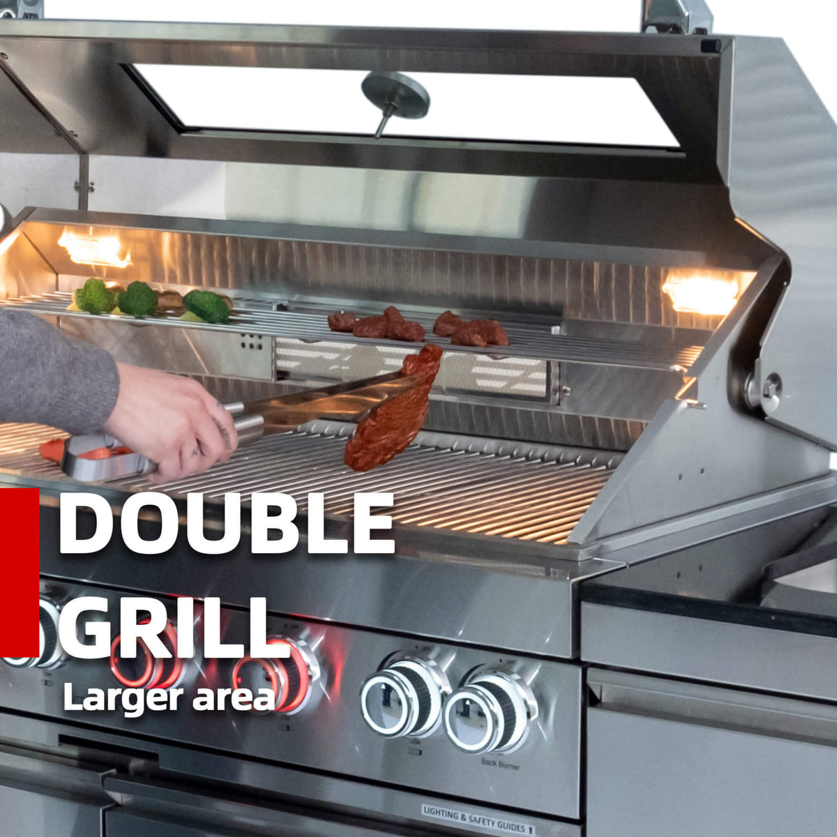 Castelle Flame Aurelia 46-Inch 4-Burner 72K BTU Stainless Steel Outdoor BBQ Kitchen Grill Island With 46-Inch 4-Burner 85K BTU Grill, Rotisserie Kit, And Cabinets (SAK93192)