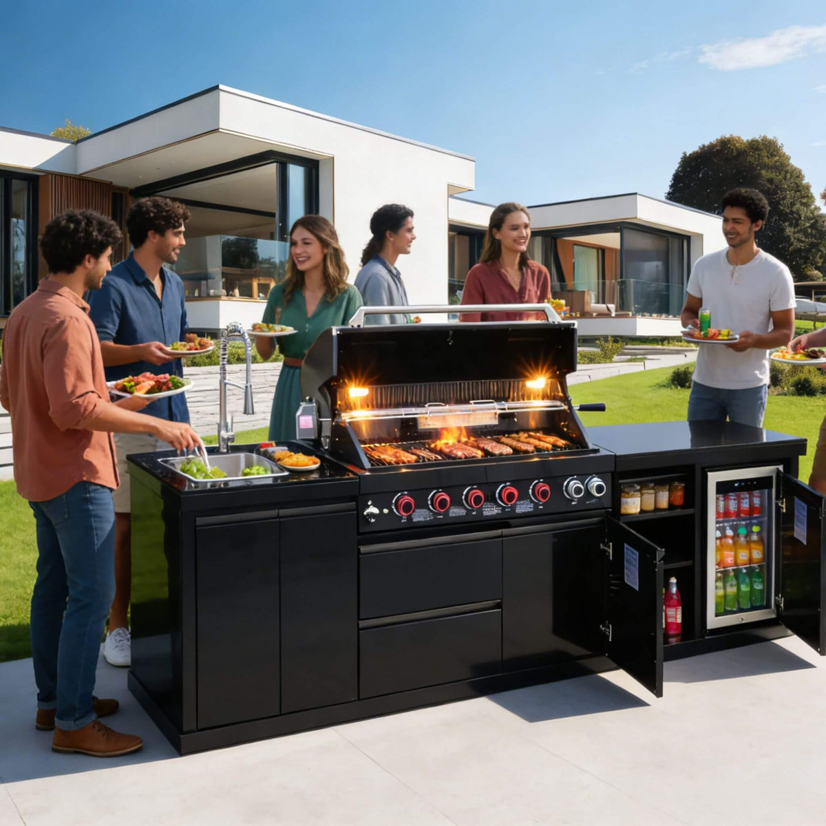 Castelle Flame Summit 6-Burner 85000 BTU Liquid Propane Grill Island With Sink And Fridge (SAK59238)