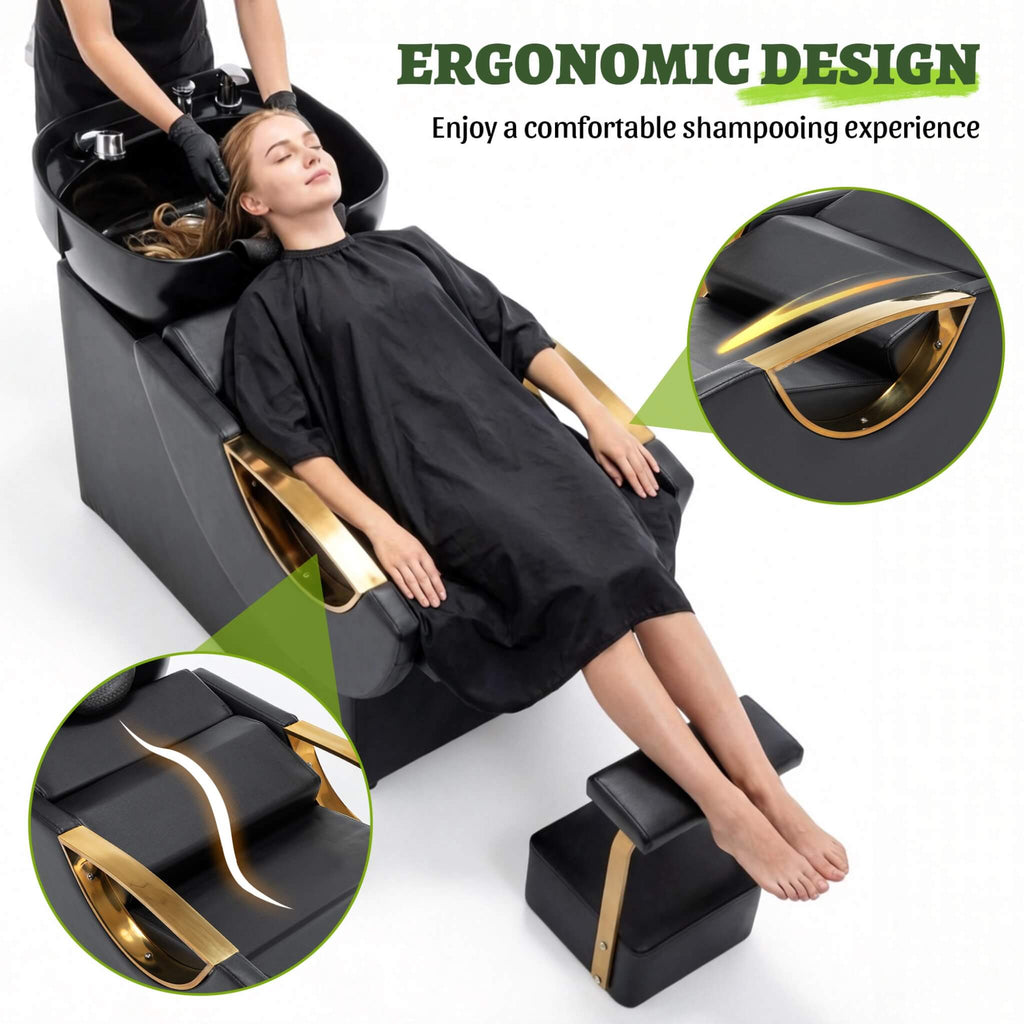 Commercial Black And Gold Shampoo Bowl Chair Set With Footrest (SAK43716)
