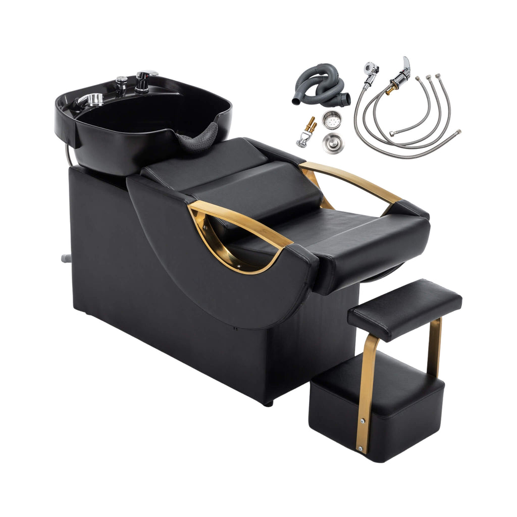 Commercial Black And Gold Shampoo Bowl Chair Set With Footrest (SAK43716)