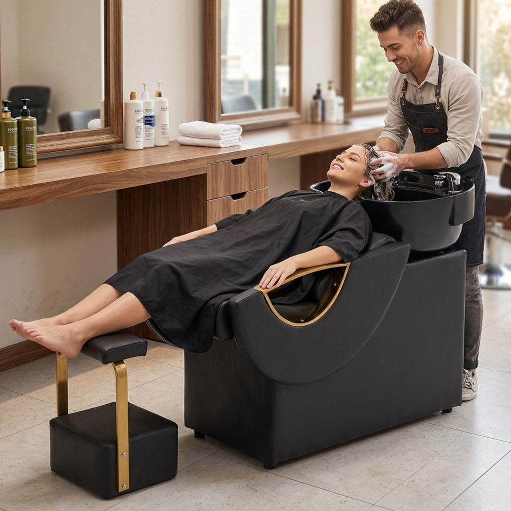 Commercial Black And Gold Shampoo Bowl Chair Set With Footrest (SAK43716)
