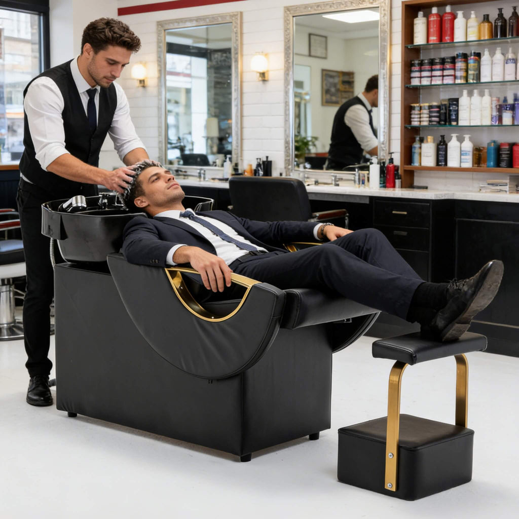 Commercial Black And Gold Shampoo Bowl Chair Set With Footrest (SAK43716)