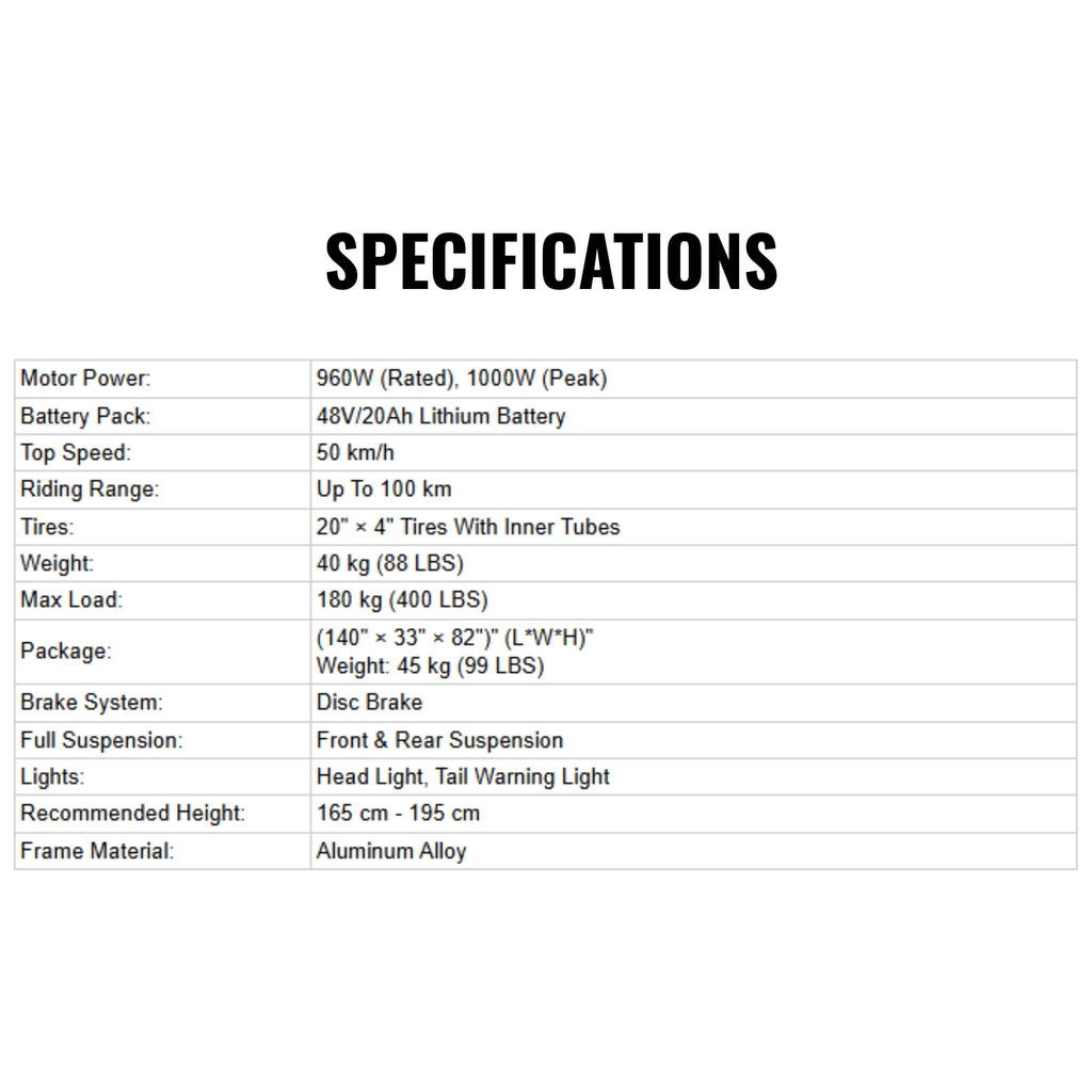 EKX T1 1000W 48V/20AH Electric Mountain Electric Bike With 20-Inch Fat Tires (SAK58340)