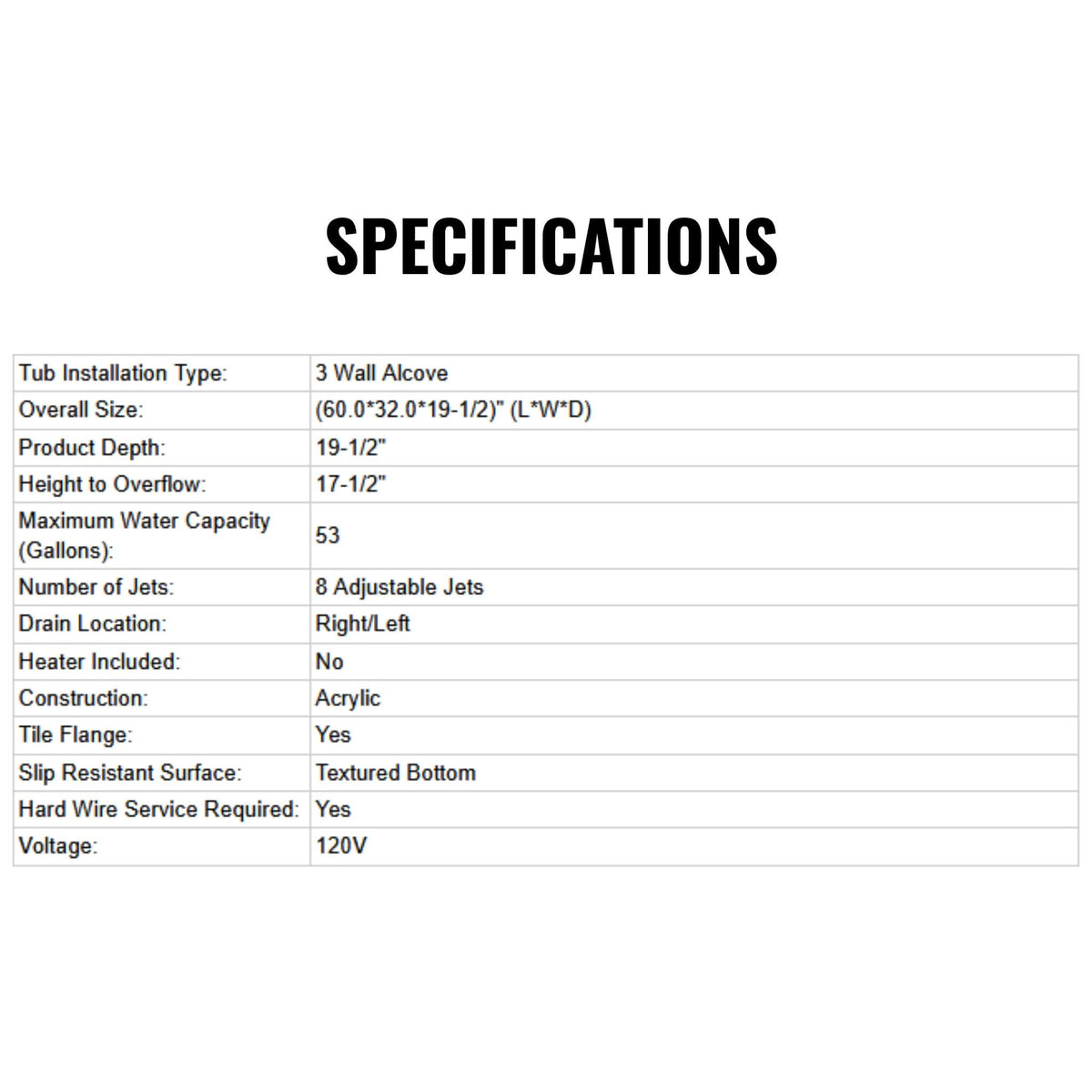 Jacuzzi Linea 60-Inch Luxury 3 Wall Alcove Whirlpool Bath With 8 Adjustable Jets [JLNS6032WRL2XXWW/YY] (SAK19326)