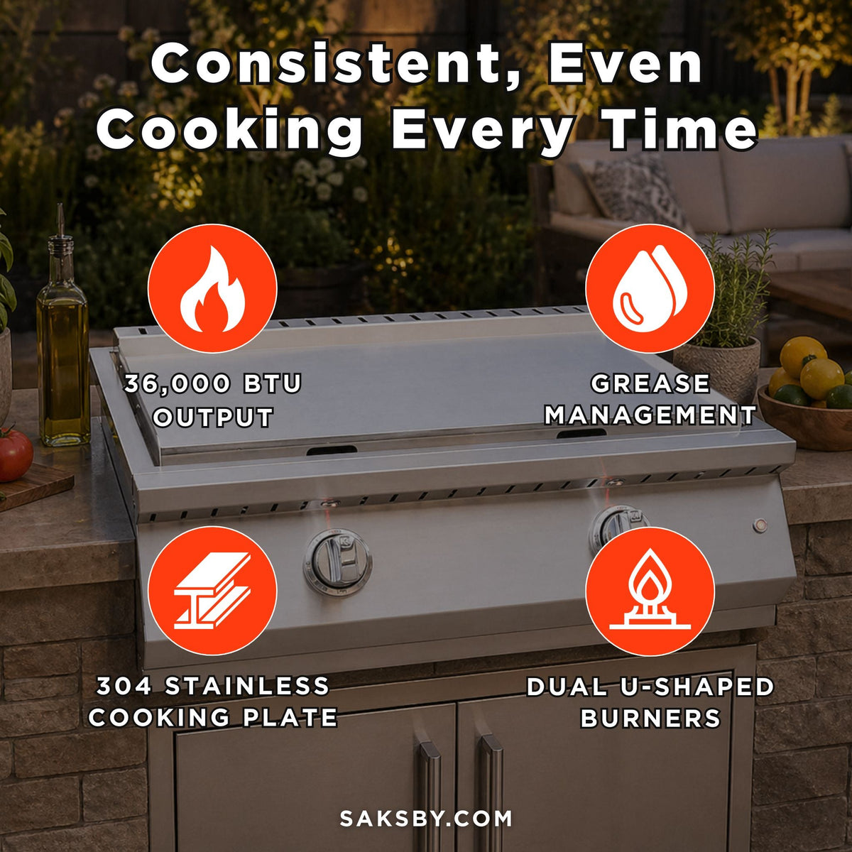 KoKoMo Grills 30-Inch Professional 36K BTU Griddle Outdoor Kitchen Flat Grill With Illuminated Control Knobs (SAK28914)