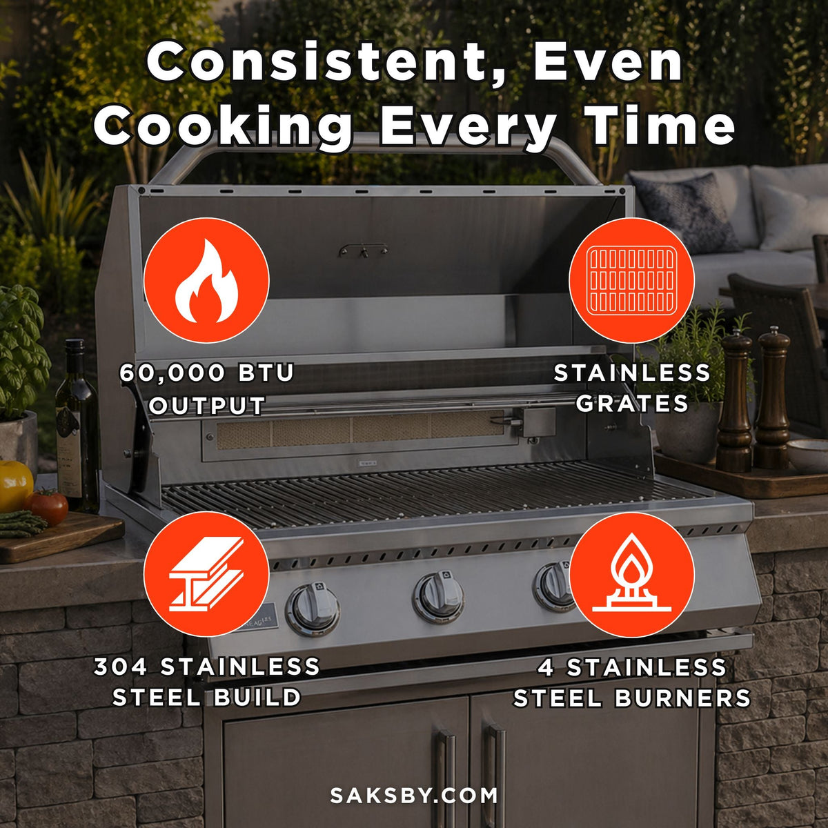 KoKoMo Grills 32-Inch Heavy Duty 60K BTU LP/NG 4 Burner Built-In Stainless Steel Gas Grill (SAK25317)