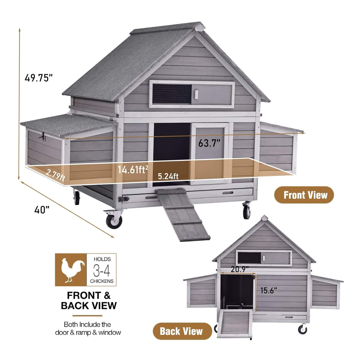 Large 63-Inch Movable Wooden Hen House With Wheels And Nesting Box (SAK50791)